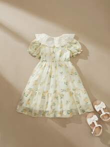 SHEIN Glamorique Kids 1件女童花卉刺绣领提花面料腰部松紧带休闲可爱公主裙，夏季 - 黃色 - 查看 2