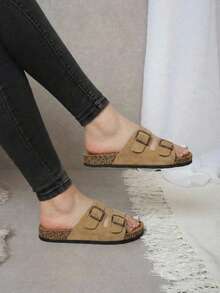 Sandalias de playa de moda para mujer con doble hebilla, suela de corcho ergonómica, planas de punta abierta, transpirables, versátiles y cómodas para caminar al aire libre - Tan - Ver 3