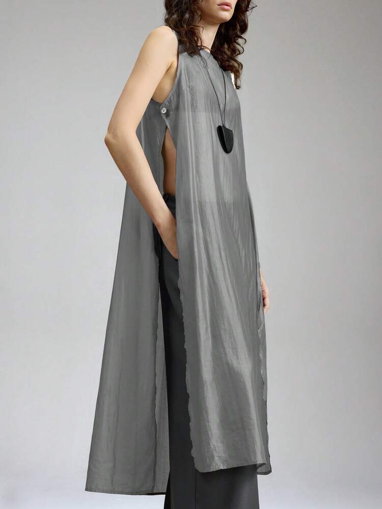 2026 Spring/Summer Sheer, Graduation Outfit, 2025 New Arrival, Spring/Summer Women's Clothing, Urban Style Round Neck Sleeveless Semi-Sheer Top With Side Button, Long Blouse, Versatile Daily Wear, All Season, Beach/Holiday Boho Chic Outfit, Summer Indie Vibe, Western Festival Style, Women's Holiday/Beach Wear