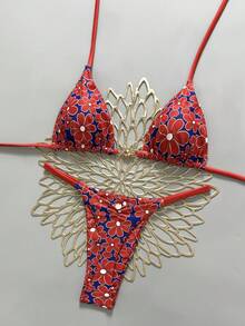 Swim Vcay 女士新款V领露背金属装饰三角比基尼套装，搭配印花双色泳裤，春夏款 - 彩色 - 查看 4