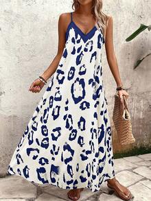 Breezaya 女士豹纹无袖连衣裙，休闲度假长裙沙滩装 - 藍白色 - 查看 4