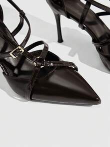 CUCCOO SZL Zapatos de tacón alto de stiletto con cordones cruzados y encaje sexy para mujer, para primavera/verano - Café integral - Ver 5
