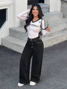 SHEIN PETITE Quần jeans nữ đơn sắc tối giản mặc hàng ngày - màu đen - Xem 6