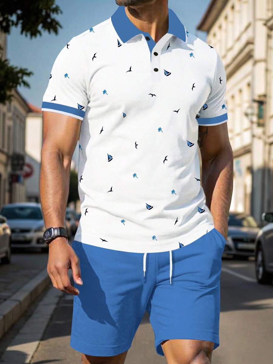 Manfinity Homme 男士撞色拼接领短袖半开襟休闲印花夏季Polo衫套装两件套，夏季男士休闲短袖两件套，假日 - 彩色 - 查看 1
