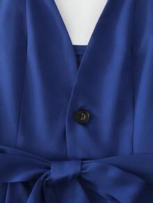 Franclia 女士纯色吊带蝴蝶结连体短裤，优雅连体裤，夏季可爱女装，夏季女装，连衣裙，工作服，女士职业装，女士办公室工作服，羊毛两件套泳衣，两件套连体裤，新款优雅连衣裙，休闲高品质连衣裙 - 藍色 - 查看 5