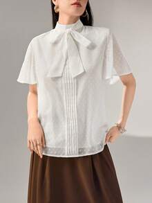 Heiryn Blouse élégante à manches volantées avec col noué, couleur unie, pour le bureau et les déplacements, été - Blanc - Voir 6