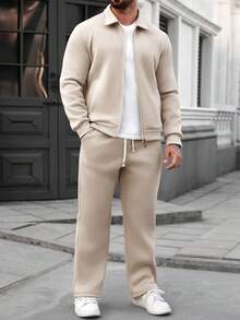 Manfinity Homme Men's Solid Color Minimalist Casual Long Sleeve Jacket And Pants Set - Khaki - View 4