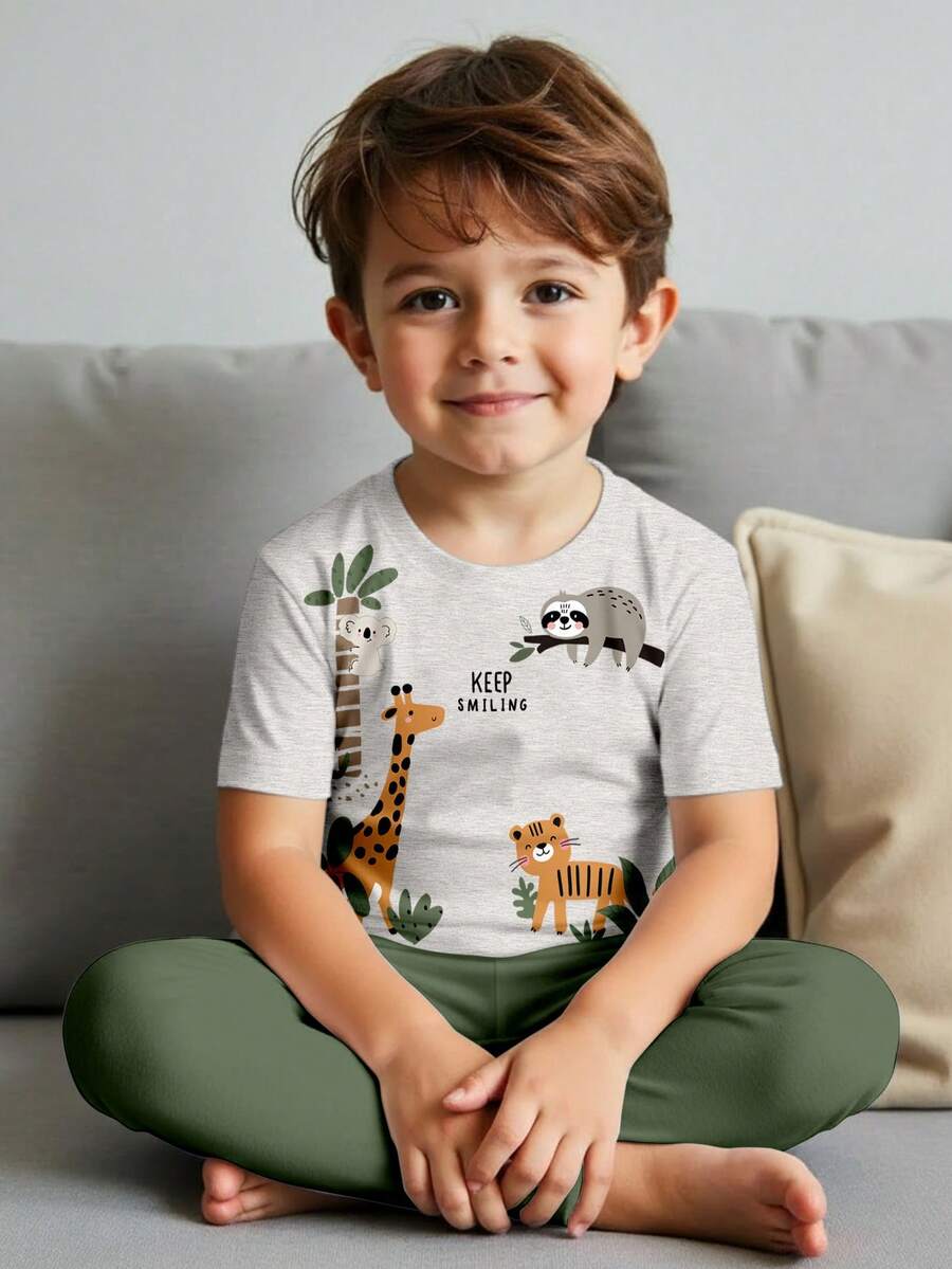 SHEIN Young Boy Casual Snug Fit Round Neck Short Sleeve Pants Pajama Set, Comfortable Spring/Summer Homewear With Classic Animal Park Giraffe, Tiger, Sloth Graphic Print - Multicolor - View 1