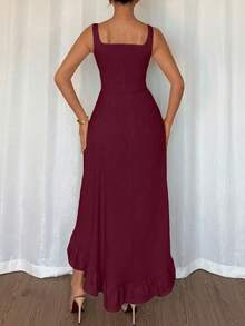 Rafferiza Women's Square Neck Ruffle Hem Asymmetric Dress Bridesmaid Bridal Wedding Guest - Burgundy - View 2