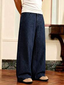 SWAVVY 条纹直筒宽松休闲牛仔裤，带腰带环，细条纹男士藏蓝色细条纹裤 - 藍色 - 查看 4