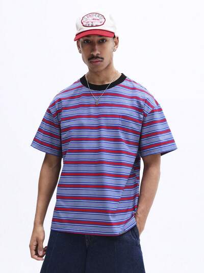 SUMWON T-shirt col rond à manches courtes rayé avec motif imprimé horizontal, coupe regular, tenue d'été décontractée pour tous les jours