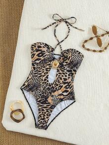 Swim SXY Summer Vacation Sexy Metal Decor Hollow Leopard Print Halter One-Piece Swimsuit For Women - Multicolor - View 3