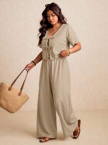 Elaquor Plus Size Women's Solid Color Front Tie Short Sleeve Shirt And Pants Casual 2-Piece Set - Apricot - View 2