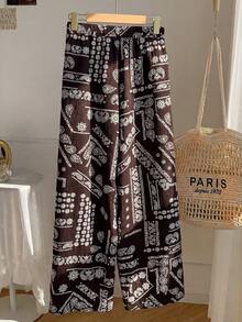 Franclia Quần ống rộng dáng suông dành cho nữ cỡ lớn, họa tiết hoa paisley, màu nâu cà phê, đa năng cho mùa xuân/hè. - Cà phê nâu - Xem 3