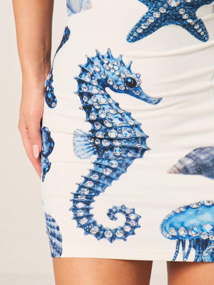 MISSGUIDED Diamante Seashell Print Mini Bodycon Dress With Scoop Neckline And Sleeveless Design For Summer Beach Party Ocean Theme