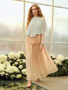 MOTF PREMIUM VESTIDO LARGO ROMÁNTICO DE CUELLO REDONDO PLISADO CON CONTRASTE DE COLOR PARA MUJER, PRIMAVERA/VERANO - verde menta - Ver 4