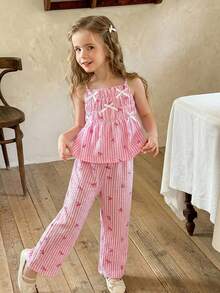 SHEIN LMoss Kids 2-częściowy zestaw dla dziewcząt z tkanego, jednokolorowego topu na ramiączkach i luźnych spodni - Różowy - Zobacz 7