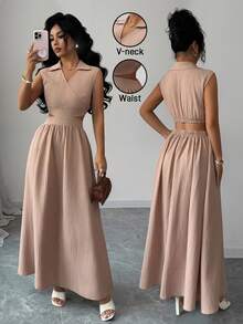 EMERY ROSE Damen Khaki Wellentextur V-Ausschnitt Taillengürtel rückenfreies sexy A-Linien Kleid - Khaki - Übersicht 4