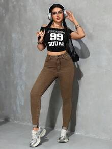 SHEIN EZwear Women's Casual Everyday Pockets Button Denim Jeans - Brown - View 5