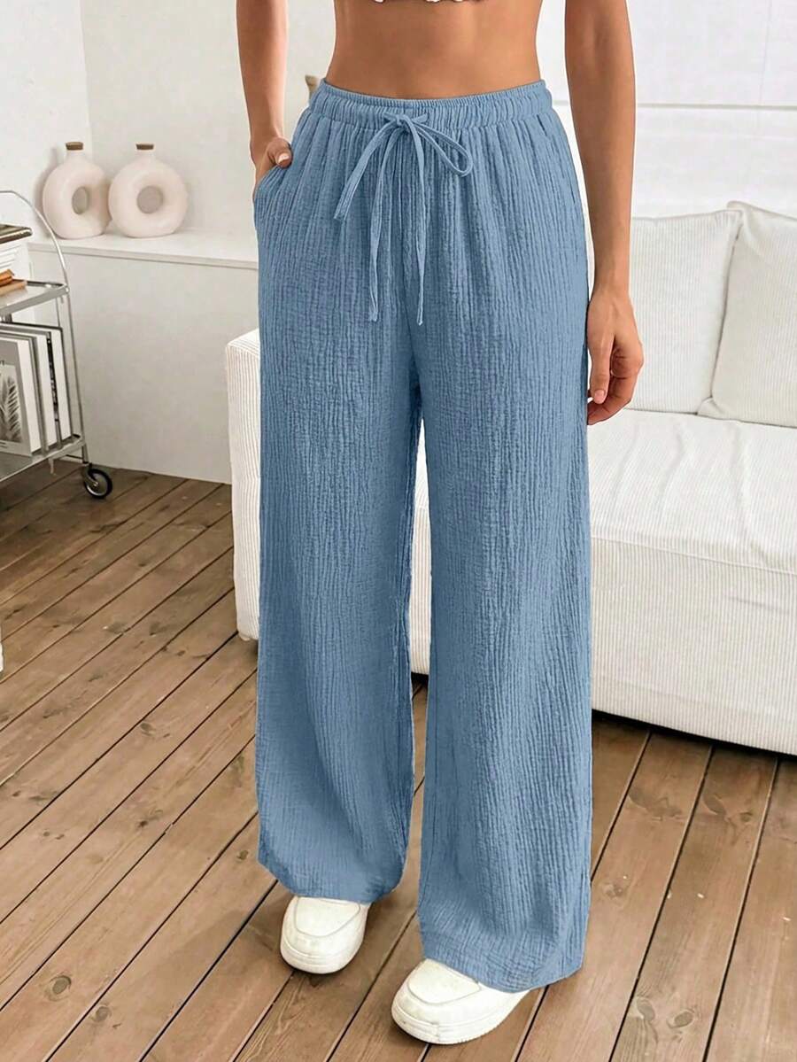SHEIN Cottnline 女士纯色抽绳腰阔腿纹理宽松裤 - 淺藍色 - 查看 1