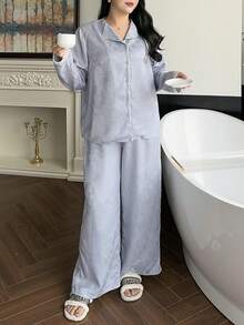 Dazy Plus Plus Size Solid Color Button Front Long Sleeve Top And Pants Pajama Set - Blue - View 8