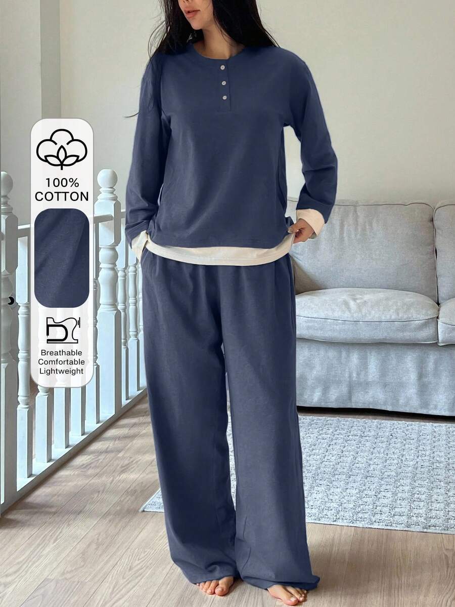 DAZY Bộ đồ ngủ 2 mảnh dành cho nữ mùa Thu/Đông, phong cách tối giản, phối màu tương phản, chất liệu dệt kim, tay dài và quần, thoải mái. - Màu xanh hải quân - Xem 1
