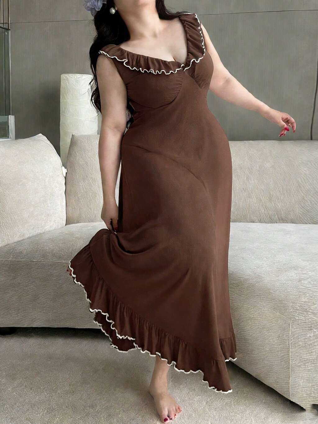 Dazy Plus Elegant Ruffled V-Neck Wrap Long Nightgown Sleepwear