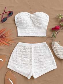 Soleia Women's Summer Vacation Solid Color Textured Twist Front Bandeau Top And Shorts 2 Pieces Set  No Chest Padding - White - View 5
