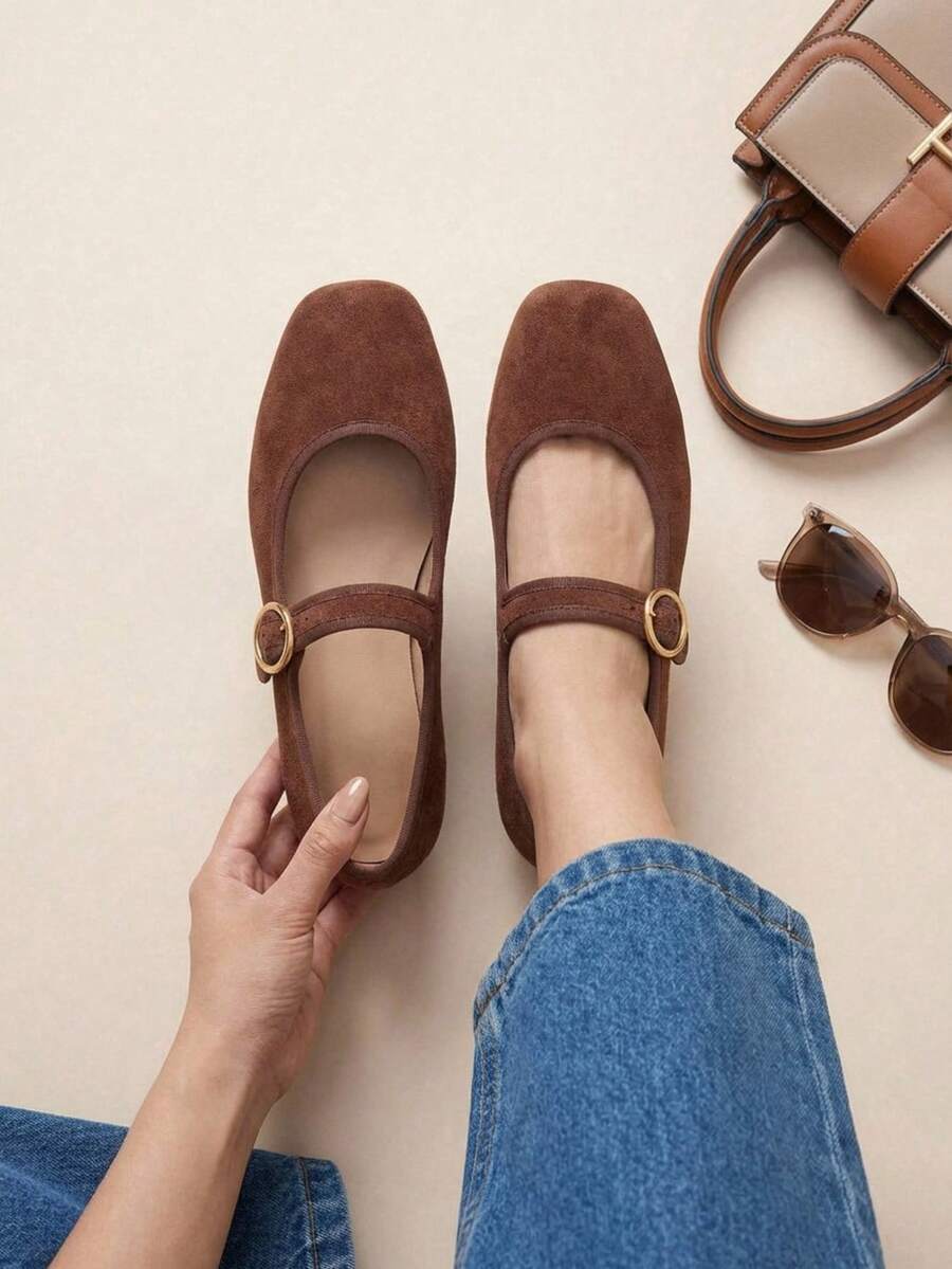 Mary Jane Chaff Ballerina Coffee With Decorative Buckle - Brown - View 1
