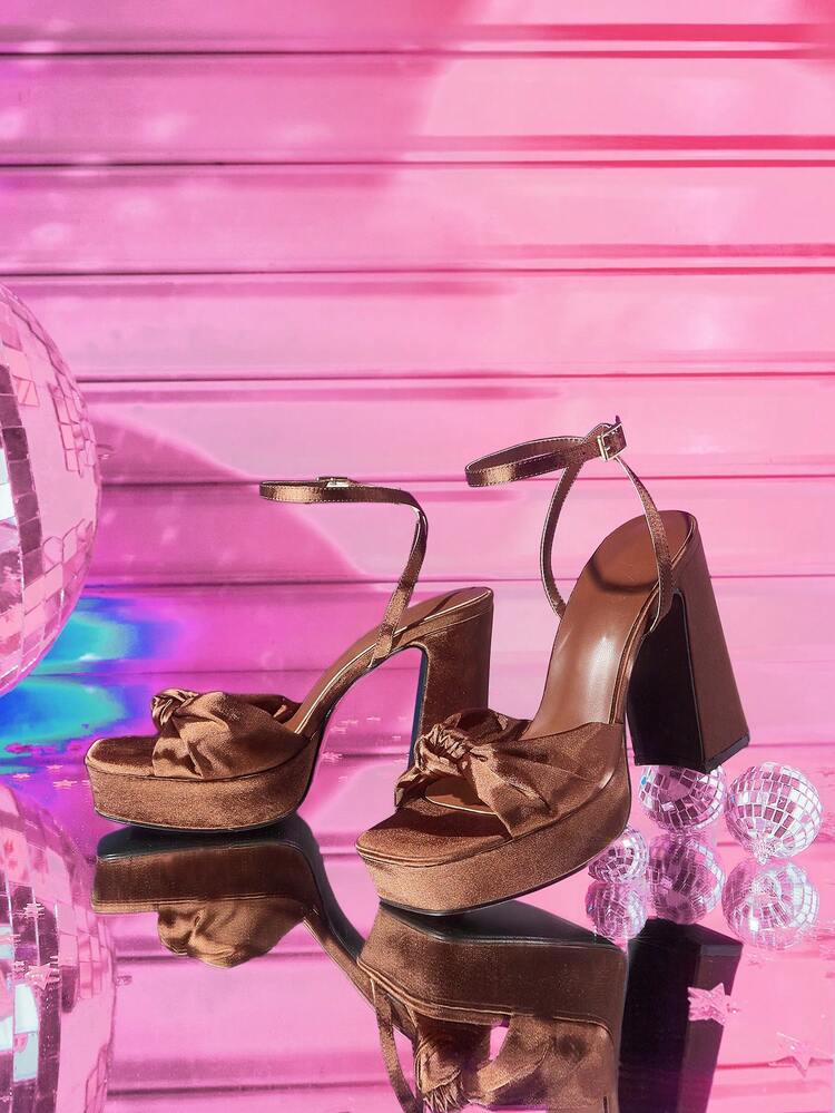 CUCCOO LuxiPop Women Shoes Bronze Satin Satin Knotted Design Fashionable Sexy High Thick Heel Water Table Sandals