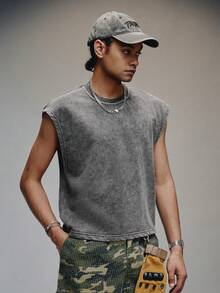 PAVTROS 男士休闲水洗背心，情人节，春夏，Y2K，狂欢节，复古，街头风，派对，圣帕特里克节，外出，男士雪花图案水洗圆领荷叶袖背心 - 黑色 - 查看 4