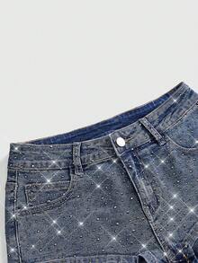 ROMWE Y2K Quần short denim nữ cạp siêu thấp, ôm sát, đính đá lấp lánh. - Màu xanh lam - Xem 2