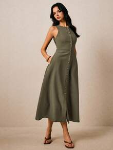 Poéselle Solid Color Front Button Crew Neck Casual Sleeveless Dress Sage Dress Women Womens Midi Dress Army Green Dress Women Khaki Dress Women Olive Dress - Army Green - View 6