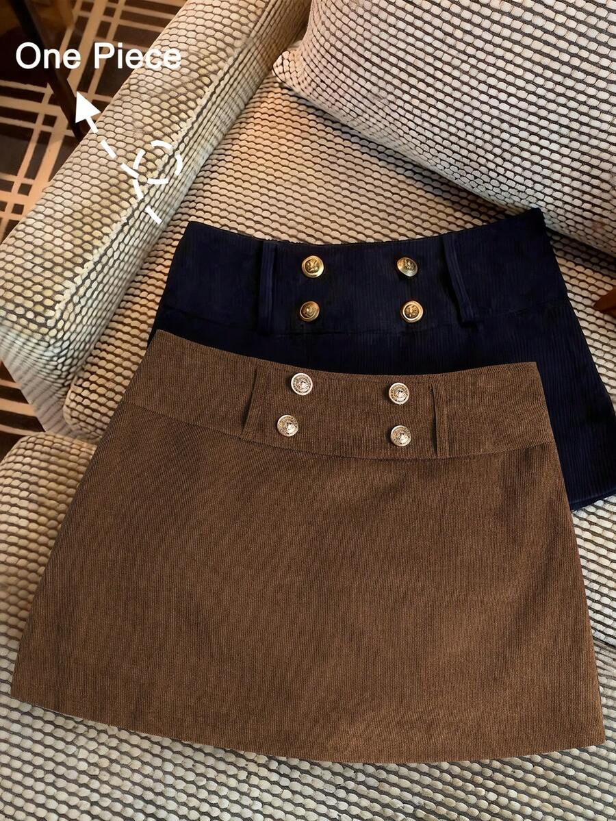 SHEIN Franclia Chân váy ngắn dáng chữ A bằng vải nhung kẻ, cài cúc vàng, kiểu dáng thường ngày dành cho nữ, giúp tôn dáng, thích hợp cho việc đi làm. - màu nâu - Xem 1