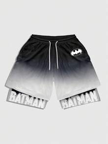 ROMWE MEN Batman X ROMWE 男士休闲运动渐变字母蝙蝠印花抽绳腰带短裤 - 彩色 - 查看 3