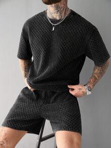 SLATEMANN Herren strukturiertes Crew-Neck Kurzarm T-Shirt und Shorts Lässig Set - Schwarz - Übersicht 1