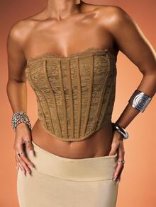 MISSGUIDED Lace Bandeau Corset Top With Intricate Panel Detail And Front Lace Up Closure For Evening Occasions - Khaki - View 5