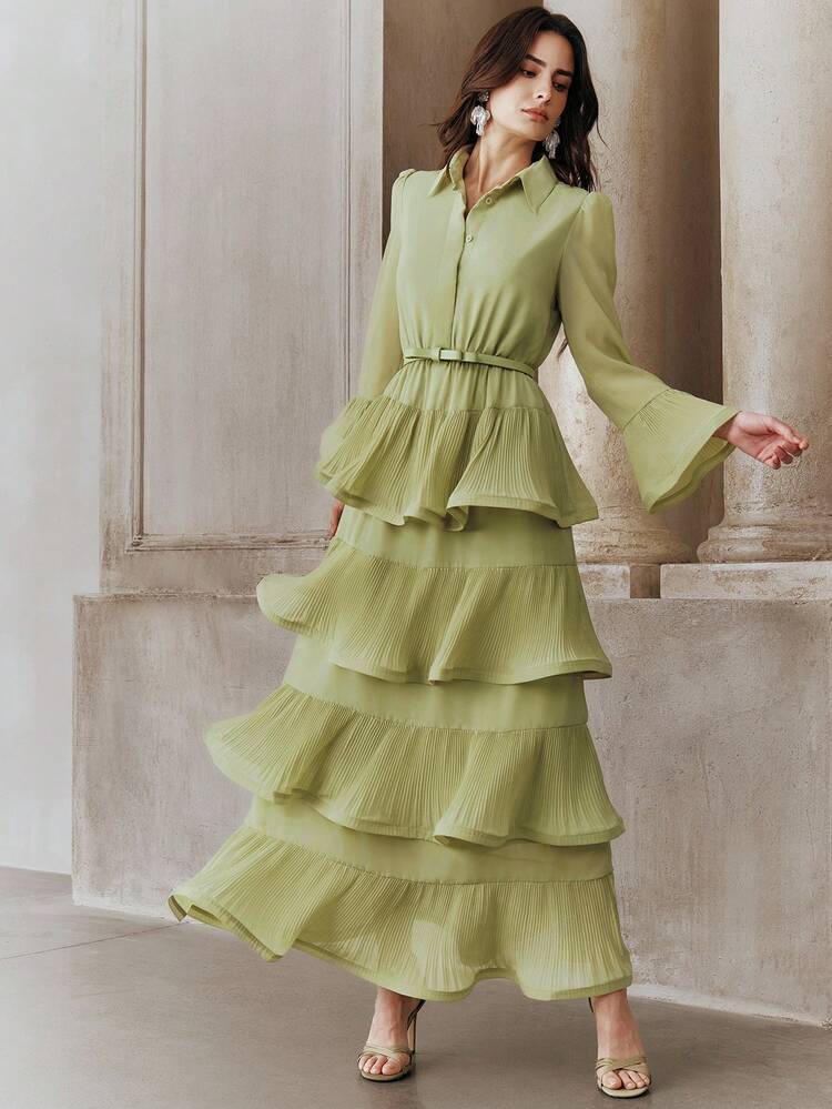 Women's Elegant Ruffle Sleeve Solid Color Belted Dress With Pleated Hem, Suitable For Party