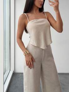 Aloruh Bộ 2 món gồm áo hai dây buộc lưng không đối xứng màu trơn dành cho nữ và quần ống đứng tối giản. - Màu be - Xem 8