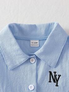SHEIN Infant Boys' Classic Letter Embroidered Long Sleeve Shirt, Comfortable For Spring/Autumn, Suitable For Party, Daily Wear, School And Travel - Blue - View 4