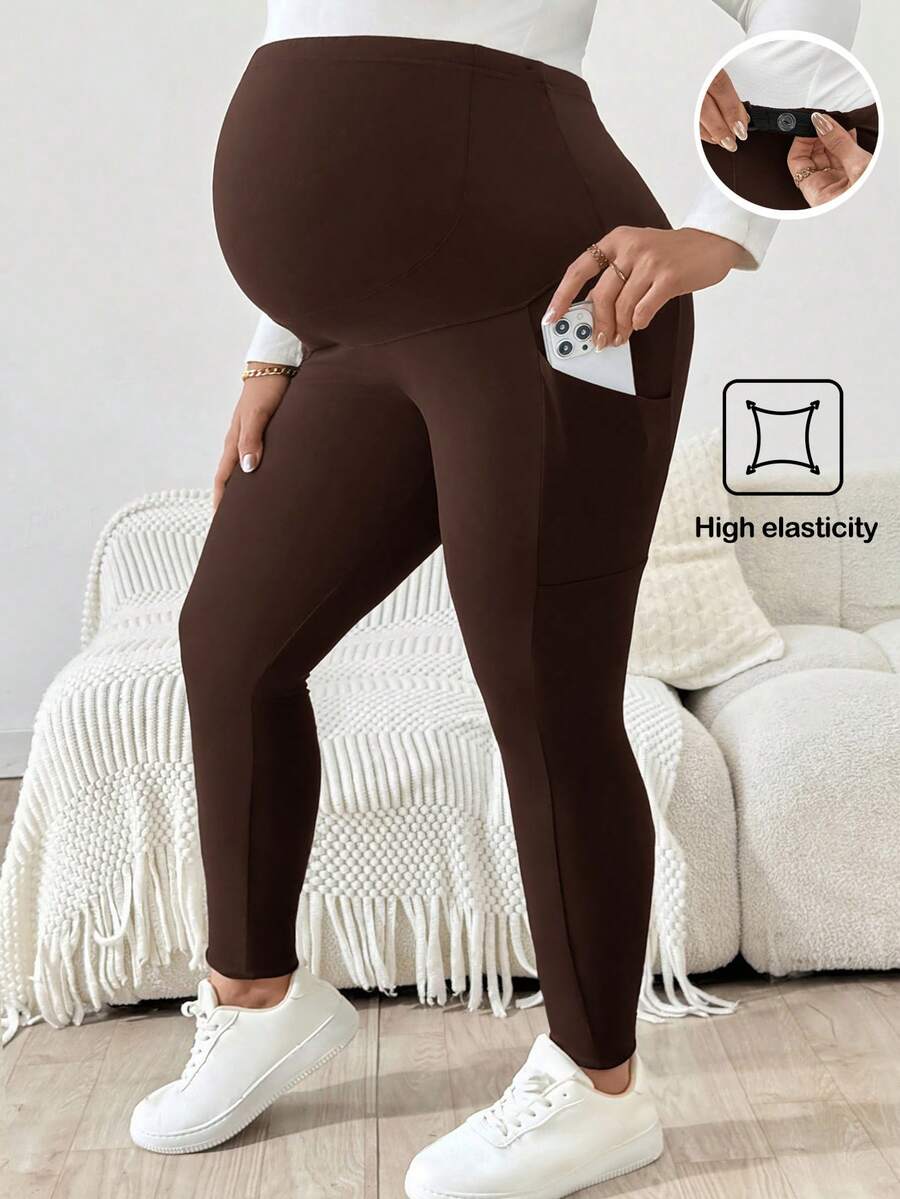 Plussiva 孕妇加大码弹力纯色可调节腰带手机口袋裤 - 棕色 - 查看 1