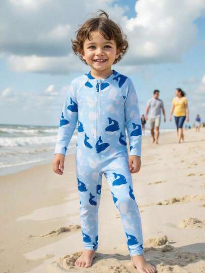 1pc Young Boys Swimwear, Light Blue, Cute Whale All-Over Print, Knit Fabric, Long Sleeve & Long Pants One-Piece Design, Fashionable Casual & Sports Style, Suitable For Swimming, Summer Vacation, Beach, Pool And Other Occasions Kids Long Sleeve Swim Young Boys Dolphin Print Long Sleeve Zipper Swimsuit Fabric Bathing Suit Toddler Swim Shirt Beach Wear For Boys Boys Rash Guard Set Sharks Pajamas Kids Boy Swimsuit Set Long Sleeve Kids Beach Pajamas