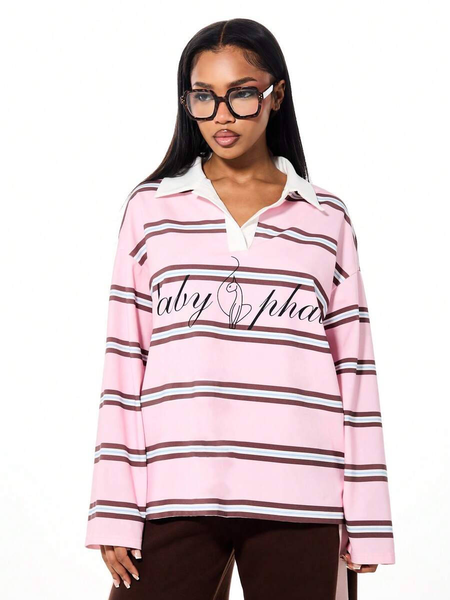 BABYPHAT Logo Stripe Oversized Long Sleeve Collared Polo Rugby Top With Graphic Print Front - Baby Pink - View 1