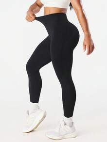 Seamluxe SHEIN Sport 女士纯色高腰休闲健身紧身裤 - 黑色 - 查看 4