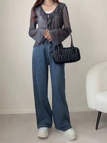 FRIFUL Áo sơ mi nữ tay dài chất liệu chiffon mỏng, cổ tròn, dáng suông, có bèo nhún và dây buộc. - màu đen - Xem 3