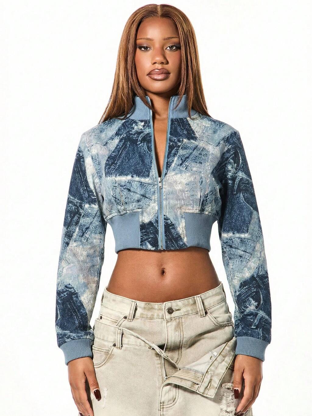 SUMWON WOMEN Womens Cropped Denim Jacket With Tie Dye Camouflage Pattern Ribbed Collar And Cuffs Zipper Closure Streetwear Fall Winter Layering
