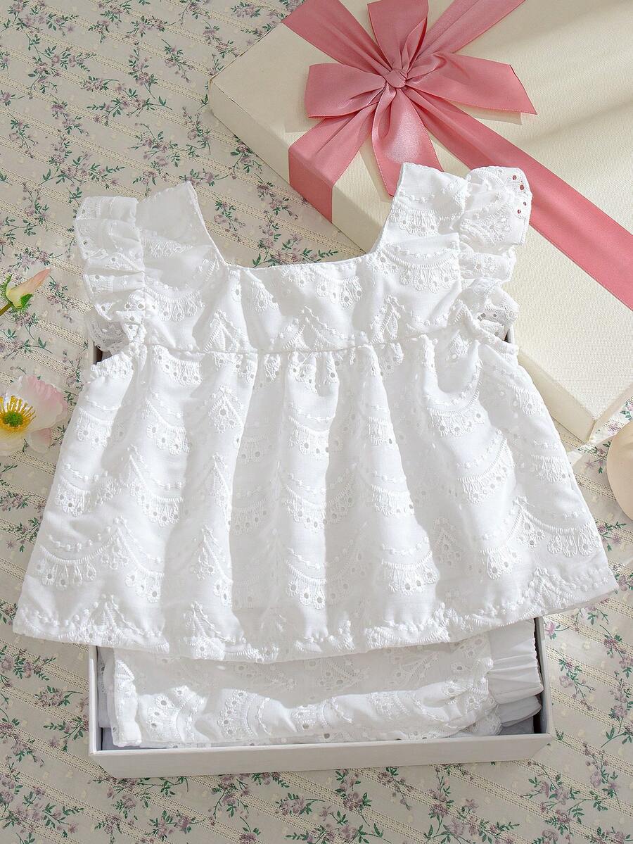 Souflis Souflis 2pcs/Set Baby Girls 0-3 Years Old Spring/Summer Elegant Sweet Textured Fabric Smock Collar Blouse Shirt And Shorts Set - White - View 1