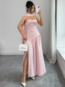 SHEIN Elenzya 新款时尚粉色高开衩连衣裙，采用不对称拼接设计，无肩带，配有飘逸的腰带，性感优雅，适合度假、浪漫约会、毕业派对、婚礼和其他场合。 - 粉色 - 查看 6