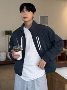 DAZY Men's Outdoor Jacket With Contrast Color Pockets And Prints, Suitable For Spring And Autumn - Blue - View 3