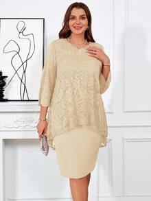 Miaspire 加大码女式圆领长袖蕾丝拼接弧形下摆双层优雅派对红色新年连衣裙、女士冬装、情人节 - 杏色 - 查看 1